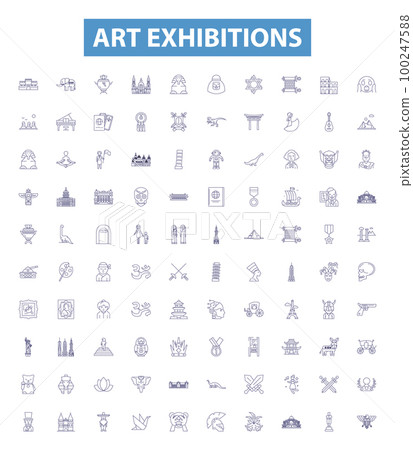 Art exhibitions line icons, signs set. Exhibitions, Art, Paintings, Sculptures, Galleries, Installations, Creativity, Displays, Photography outline vector illustrations. 100247588
