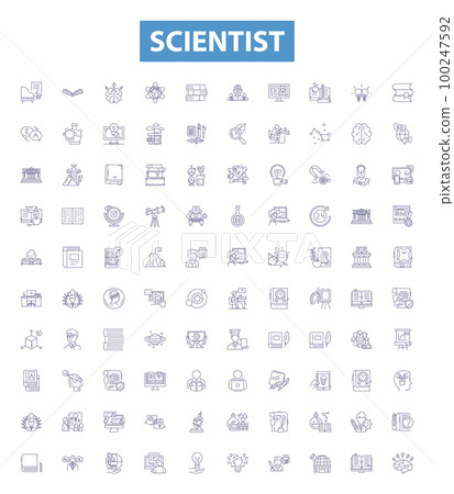 Scientist line icons, signs set. Scientist, Researcher, Geneticist, Botanist, Physicist, Biologist, Geologist, Chemist, Anthropologist outline vector illustrations. Scientist line icons, signs set. Scientist, Researcher, Geneticist, Botanist, Physicist, Biologist, Geologist, Chemist, Anthropologist outline vector illustrations. 100247592