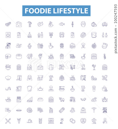 Foodie lifestyle line icons, signs set. Gourmet, Cuisine, Binging, Dieting, Cooking, Eating, Grazing, Feasting, Dining outline vector illustrations. 100247593
