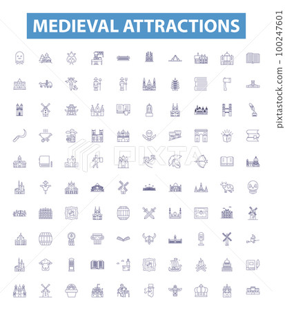 Medieval attractions line icons, signs set. Castles, Dungeons, Weapons, Armor, Cathedrals, Monasteries, Forts, Siege, Torches outline vector illustrations. 100247601