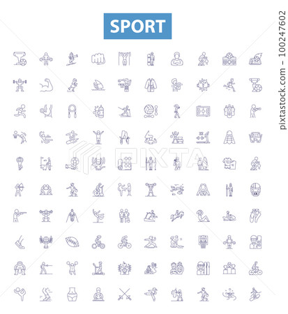 Sport line icons, signs set. Sport, Athletics, Soccer, Tennis, Hockey, Basketball, Swimming, Golf, Cycling outline vector illustrations. 100247602
