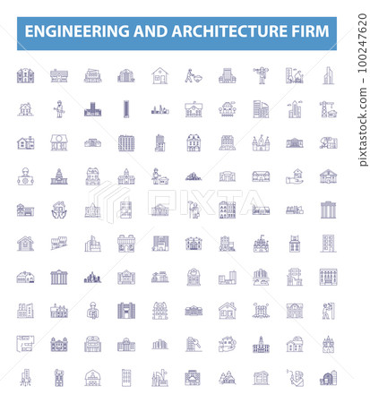 Engineering and architecture firm line icons, signs set. Engineering, Architecture, Firm, Consulting, Structural, Design, Construction, Facility, Infrastructure outline vector illustrations. 100247620
