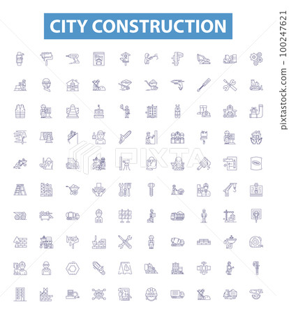 City construction line icons, signs set. Urbanism, architecture, infrastructure, edifice, municipality, metropolis, dwelling, civic, planning outline vector illustrations. 100247621