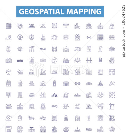 Geospatial mapping line icons, signs set. Geomapping, Geospatial, GIS, Mapping, Visualization, Surveying, Cartography, Analysis, Point outline vector illustrations. Geospatial mapping line icons, signs set. Geomapping, Geospatial, GIS, Mapping, Visualization, Surveying, Cartography, Analysis, Point outline vector illustrations. 100247625