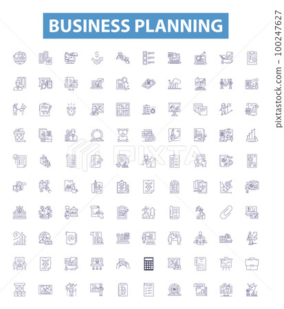 Business planning line icons, signs set. Planning, Strategy, Business, Investment, Analysis, Goals, Budget, Profit, Market outline vector illustrations. Business planning line icons, signs set. Planning, Strategy, Business, Investment, Analysis, Goals, Budget, Profit, Market outline vector illustrations. 100247627