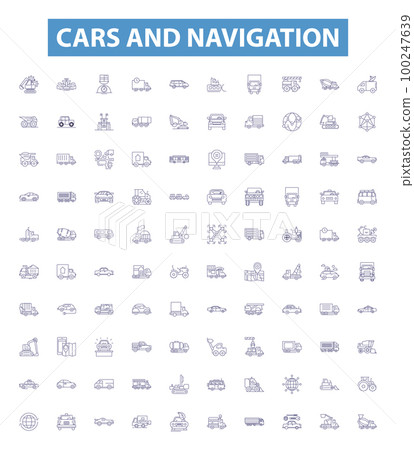 Cars and navigation line icons, signs set. Cars, Navigation, Automobiles, Driving, Maps, Roads, GPS, Street view, Guidance outline vector illustrations. Cars and navigation line icons, signs set. Cars, Navigation, Automobiles, Driving, Maps, Roads, GPS, Street view, Guidance outline vector illustrations. 100247639