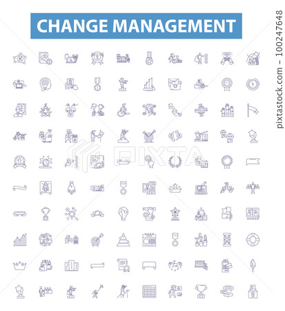 Change management line icons, signs set. Transformation, Agility, Transition, Adaptation, Revision, Modification, Improvement, Reinvention, Evolution outline vector illustrations. 100247648