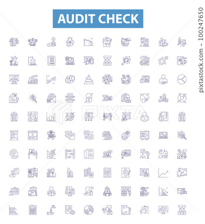 Audit check line icons, signs set. Inspection, Assessing, Verifying, Evaluation, Examining, Monitoring, Scrutiny, Checking, Testing outline vector illustrations. 100247650