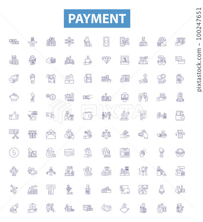 Payment line icons, signs set. Payment, Remittance, Disbursement, Expense, Cost, Invoice, Money, Voucher, Fee outline vector illustrations. Payment line icons, signs set. Payment, Remittance, Disbursement, Expense, Cost, Invoice, Money, Voucher, Fee outline vector illustrations. 100247651