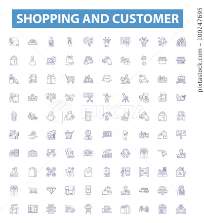 Shopping and customer line icons, signs set. Shopping, Customer, Purchasing, Buying, Sale, Retail, Deals, Checkout, Goods outline vector illustrations. Shopping and customer line icons, signs set. Shopping, Customer, Purchasing, Buying, Sale, Retail, Deals, Checkout, Goods outline vector illustrations. 100247695