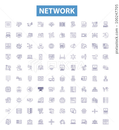 Network line icons, signs set. Network, Technology, Connectivity, System, Media, Infrastructure, Link, Communication, Wireless outline vector illustrations. 100247705