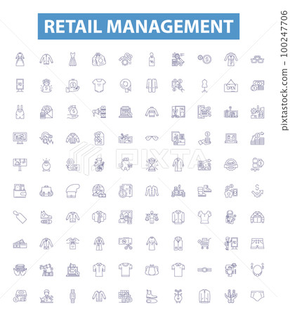 Retail management line icons, signs set. Retail, Management, Sales, Merchandising, Inventory, Distribution, Logistics, Planning, Staffing outline vector illustrations. Retail management line icons, signs set. Retail, Management, Sales, Merchandising, Inventory, Distribution, Logistics, Planning, Staffing outline vector illustrations. 100247706