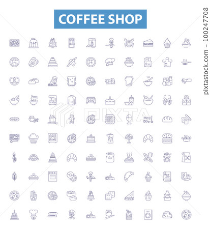 Coffee shop line icons, signs set. Cafe, Espresso, Latte, Coffee, Java, Mocha, Colombian, Frappe, Cappuccino outline vector illustrations. 100247708