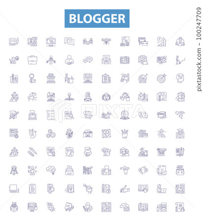 Blogger line icons, signs set. blogger, blogging, post, write, content, blogger, platform, share, internet outline vector illustrations. 100247709