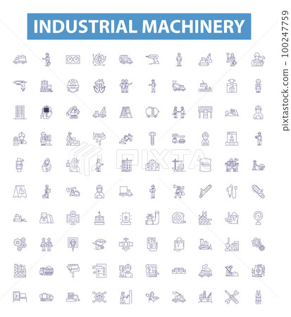 Industrial machinery line icons, signs set. Machinery, Industrial, Equipment, Factories, Manufacturing, Lathes, Mills, Automation, Tools outline vector illustrations. 100247759