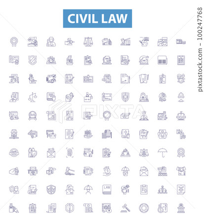 Civil law line icons, signs set. Civil, law, common, contract, tort, property, succession, trust, negotiable outline vector illustrations. Civil law line icons, signs set. Civil, law, common, contract, tort, property, succession, trust, negotiable outline vector illustrations. 100247768