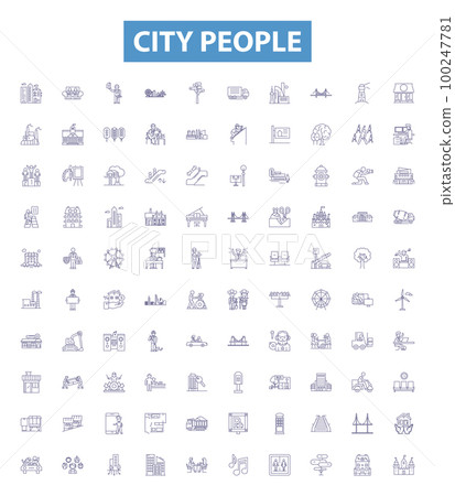 City people line icons, signs set. Urbanites, Townspeople, Metropolitans, Dwellers, Municipals, Inhabitants, Citizens, Residers, Constituents outline vector illustrations. City people line icons, signs set. Urbanites, Townspeople, Metropolitans, Dwellers, Municipals, Inhabitants, Citizens, Residers, Constituents outline vector illustrations. 100247781