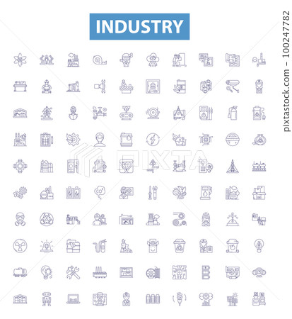 Industry line icons, signs set. Manufacturing, Technology, Production, Business, Equipment, Automotive, Retail, Services, Logistics outline vector illustrations. Industry line icons, signs set. Manufacturing, Technology, Production, Business, Equipment, Automotive, Retail, Services, Logistics outline vector illustrations. 100247782