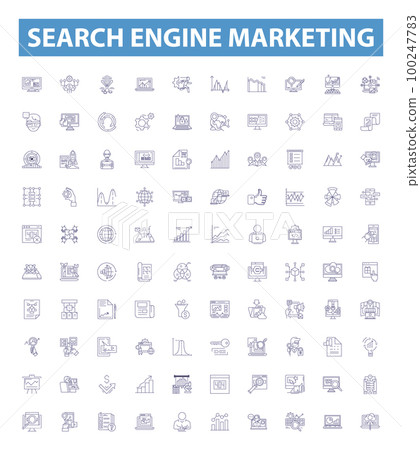 Search engine marketing line icons, signs set. SEM, SEO, Advertising, Analytics, Traffic, PPC, CTR, CPC, Metrics outline vector illustrations. Search engine marketing line icons, signs set. SEM, SEO, Advertising, Analytics, Traffic, PPC, CTR, CPC, Metrics outline vector illustrations. 100247783