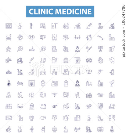 Clinic medicine line icons, signs set. Clinic, Medicine, Healthcare, Physician, Treatment, Diagnosis, Surgery, Patients, Care outline vector illustrations. 100247786