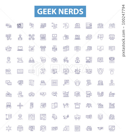 Geek nerds line icons, signs set. Geek, Nerds, Technology, Programmer, Computer, Nerd, Geeky, Coder, Gaming outline vector illustrations. 100247794