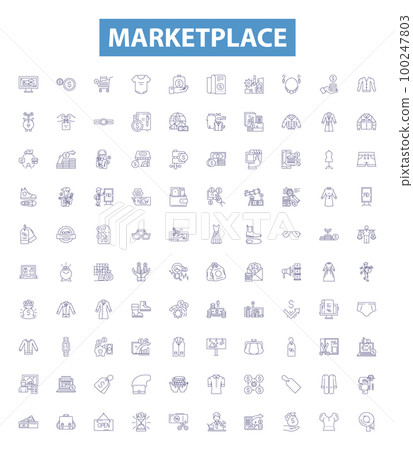 Marketplace line icons, signs set. Market, Place, Exchange, Mall, Trading, Buy, Sell, Shop, Shopping outline vector illustrations. Marketplace line icons, signs set. Market, Place, Exchange, Mall, Trading, Buy, Sell, Shop, Shopping outline vector illustrations. 100247803