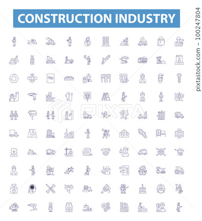 Construction industry line icons, signs set. Build, Architecture, Engineering, Contracting, Infrastructure, Developing, Designing, Constructing, Develop outline vector illustrations. Construction industry line icons, signs set. Build, Architecture, Engineering, Contracting, Infrastructure, Developing, Designing, Constructing, Develop outline vector illustrations. 100247804