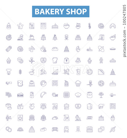 Bakery shop line icons, signs set. Bakery, Shop, Bread, Cake, Pastry, Muffin, Donut, Loaf, Cookie outline vector illustrations. Bakery shop line icons, signs set. Bakery, Shop, Bread, Cake, Pastry, Muffin, Donut, Loaf, Cookie outline vector illustrations. 100247805