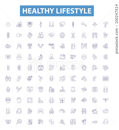 Healthy lifestyle line icons, signs set. Exercise, Nutrition, Sleep, Hydration, Balance, Moderation, Wellness, Relaxation, Stress outline vector illustrations. 100247814