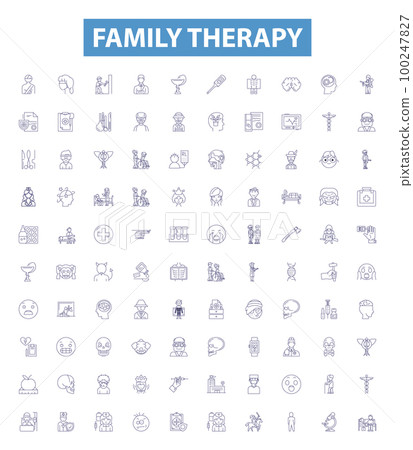 Family therapy line icons, signs set. family, therapy, counselling, parent child, spouses, marriage, communication, mental, emotion outline vector illustrations. 100247827