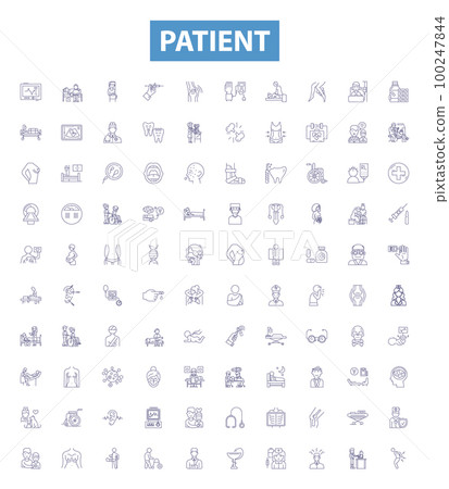 Patient line icons, signs set. Patient, Caregiver, Hypochondriac, Chronically ill, Bedridden, Clinician, Prone, Recovering, Treatment outline vector illustrations. 100247844