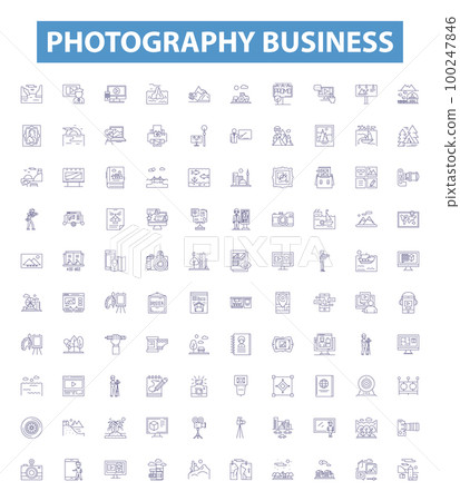 Photography business line icons, signs set. Photography, business, marketing, capture, studio, editing, services, images, printing outline vector illustrations. 100247846