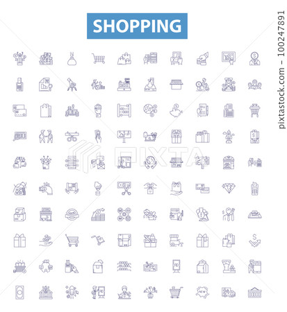 Shopping line icons, signs set. Shopping, Buying, Purchasing, Retail, Outlet, Store, Goods, Commodities, Items outline vector illustrations. 100247891