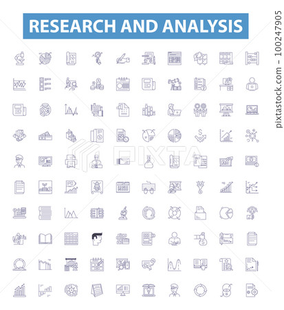 Research and analysis line icons, signs set. Research, Analysis, Evaluate, Assess, Compare, Examine, Determine, Investigate, Prove outline vector illustrations. 100247905