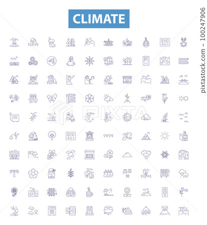 Climate line icons, signs set. Weather, Temperature, Clouds, Humidity, Climate, Rainfall, Climate change, Wind, Storms outline vector illustrations. 100247906
