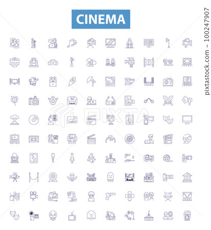 Cinema line icons, signs set. Film, Theater, Movie, Showing, Screening, Projection, Reel, Playback, Magnate outline vector illustrations. 100247907