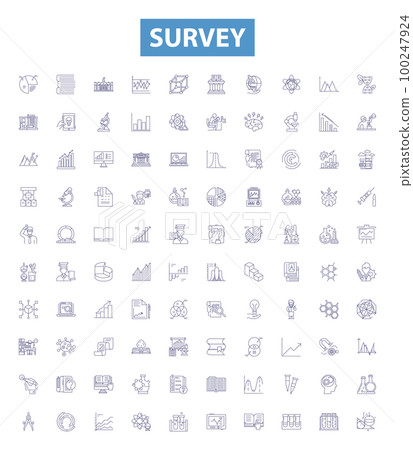 Survey line icons, signs set. Questionnaire, Poll, Research, Assessment, Data, Study, Analysis, Inquiry, Evaluation outline vector illustrations. 100247924