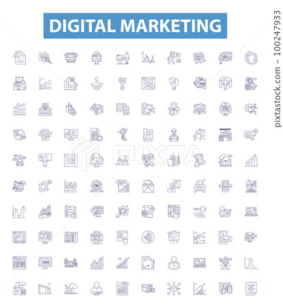 Digital marketing line icons, signs set. Digital, Marketing, SEO, Social, Media, Analytics, PPC, Advertising, Email outline vector illustrations. Digital marketing line icons, signs set. Digital, Marketing, SEO, Social, Media, Analytics, PPC, Advertising, Email outline vector illustrations. 100247933