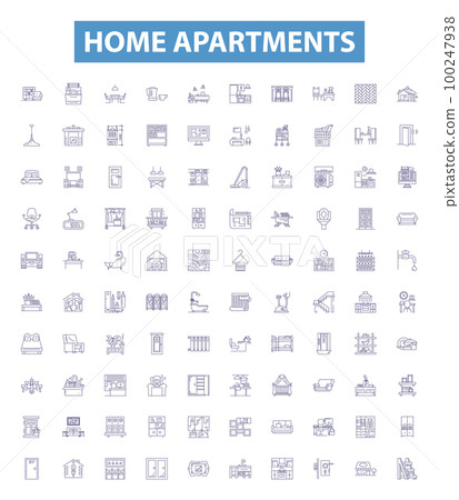Home apartments line icons, signs set. Apartments, Home, Dwelling, Residences, Condos, Accommodation, Abodes, Flats, Houses outline vector illustrations. 100247938