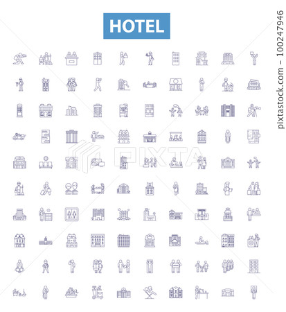 Hotel line icons, signs set. Hotel, Accommodation, Lodging, Resort, Inn, Suites, Booking, Vacation, Receptionist outline vector illustrations. 100247946