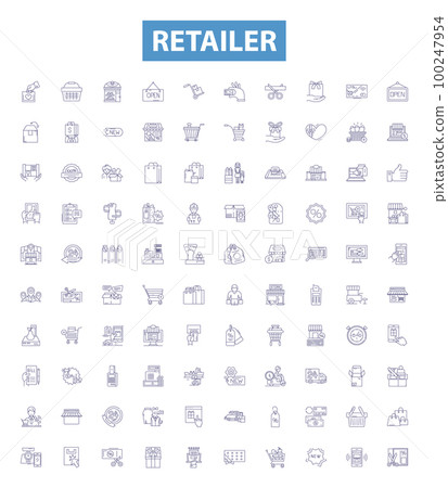 Retailer line icons, signs set. Merchant, Seller, Outlet, Dealer, Trader, Store, Shop, Boutique, Marketplace outline vector illustrations. Retailer line icons, signs set. Merchant, Seller, Outlet, Dealer, Trader, Store, Shop, Boutique, Marketplace outline vector illustrations. 100247954