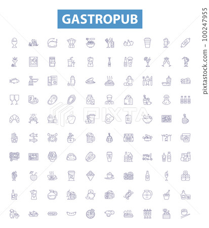 Gastropub line icons, signs set. Pub, Gastro, Drink, Kitchen, Restaurant, Food, Beer, Wine, Cider outline vector illustrations. Gastropub line icons, signs set. Pub, Gastro, Drink, Kitchen, Restaurant, Food, Beer, Wine, Cider outline vector illustrations. 100247955