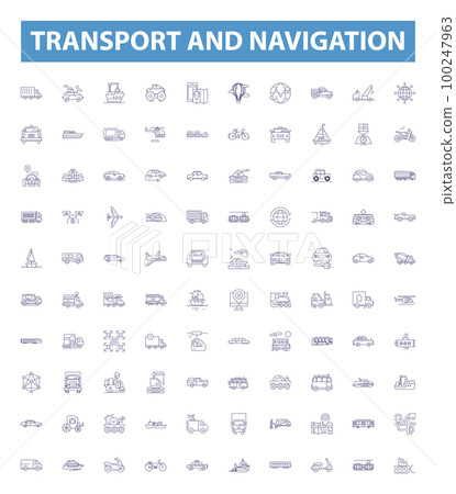 Transport and navigation line icons, signs set. Transportation, Navigation, Ships, Planes, Boats, Roads, Maps, Tracks, Cars outline vector illustrations. Transport and navigation line icons, signs set. Transportation, Navigation, Ships, Planes, Boats, Roads, Maps, Tracks, Cars outline vector illustrations. 100247963