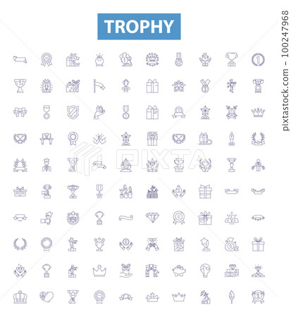 Trophy line icons, signs set. Prize, Award, Cup, Plaque, Medal, Emblem, Keepsake, Mark, Recognition outline vector illustrations. 100247968