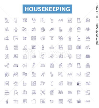 Housekeeping line icons, signs set. Cleaning, Maintenance, Disinfecting, Dusting, Tidy, Vacuuming, Mopping, Hygiene, Sanitize outline vector illustrations. 100247969