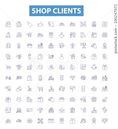Shop clients line icons, signs set. Customers, buyers, shoppers, patrons, consumers, attendees, guests, subscribers, patrons outline vector illustrations. 100247971