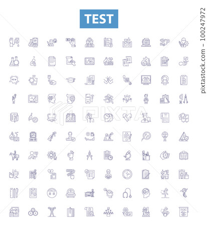 Test line icons, signs set. No periodExam, Assess, Assay, Assess, Evaluate, Analyze, Measure, Analyse, Inspect outline vector illustrations. 100247972