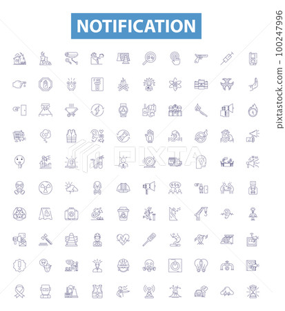 Notification line icons, signs set. Alert, Reminder, Signal, Warning, Notice, Broadcast, Promotion, Report, Update outline vector illustrations. Notification line icons, signs set. Alert, Reminder, Signal, Warning, Notice, Broadcast, Promotion, Report, Update outline vector illustrations. 100247996