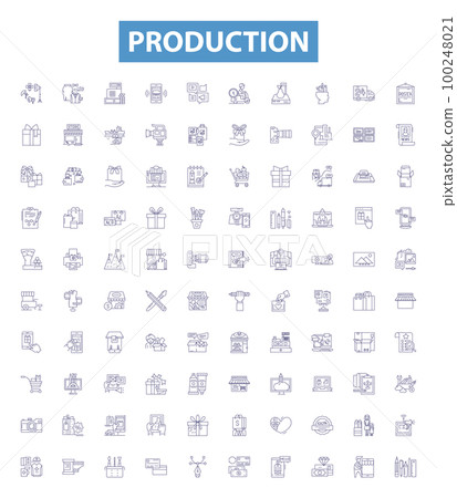 Production line icons, signs set. Producing, Manufacturing, Output, Generating, Fabricating, Making, Creating, assembling, Cultivating outline vector illustrations. 100248021