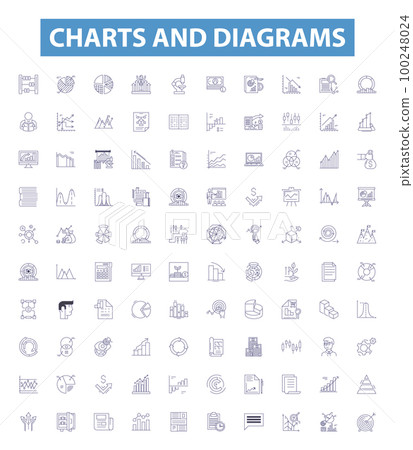 Charts and diagrams line icons, signs set. Graphs, Plots, Tables, Maps, Diagrams, Charts, Pie, Line, Bar outline vector illustrations. 100248024
